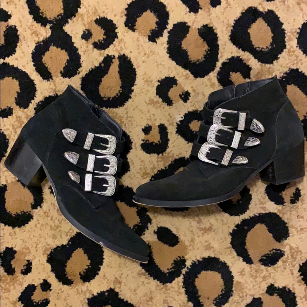 ASOS real suede booties with western buckles